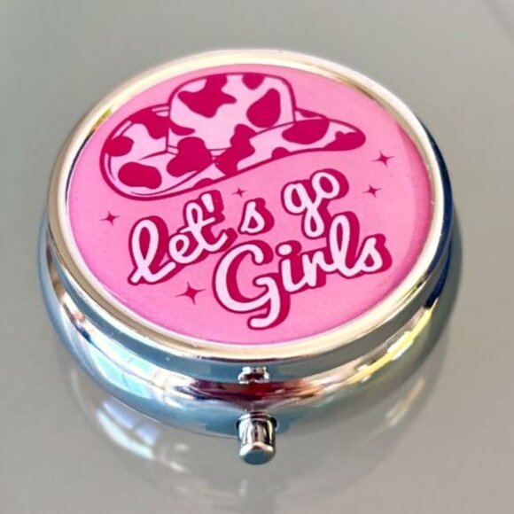 Western Let's go Girls Pink Cowgirl Cow Print Cowboy Hat Purse Travel Pill Box - Picture 1 of 3